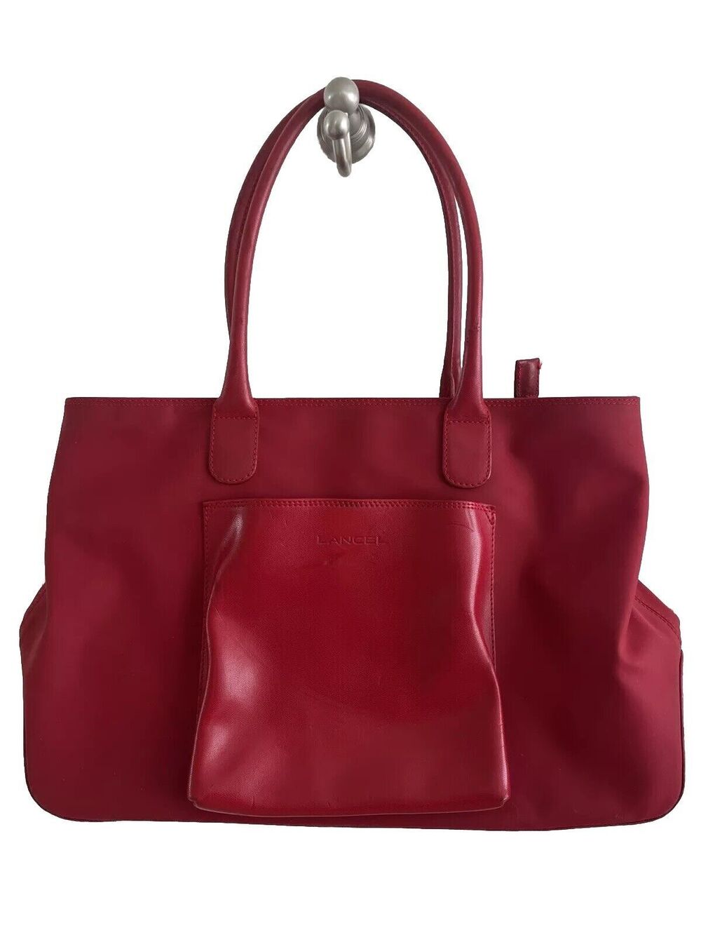 VGUC Vintage Lancel Red Nylon Leather Bag Zip Top Shoulder Tote
